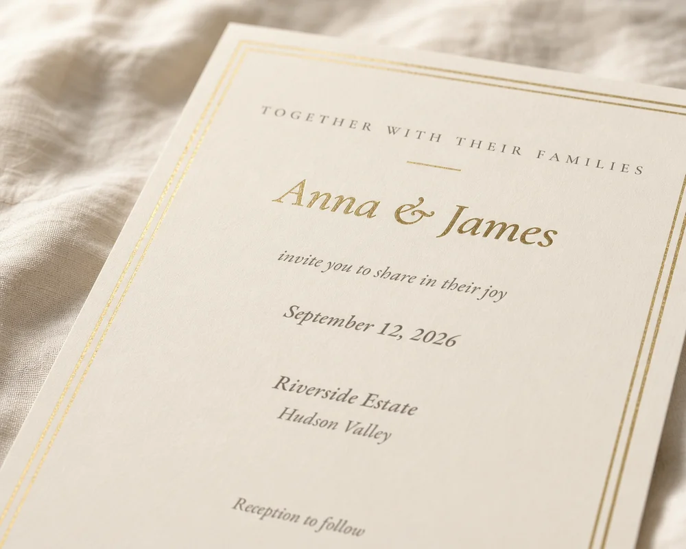Close-up of the Classic Elegance invitation with Anna & James in gold foil inside a double gold-rule frame