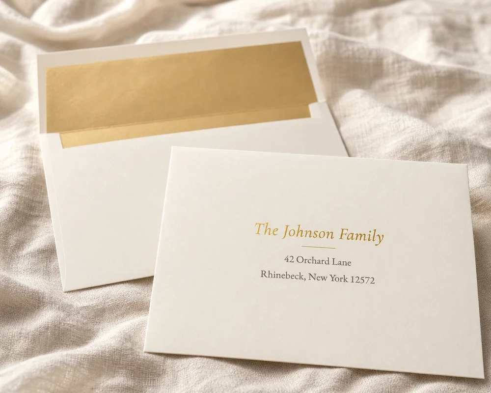 Addressed Classic Elegance envelope for The Johnson Family, with a second envelope behind showing its gold liner